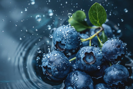 A cluster of blueberries with tiny bubbles, descending into the water, highlighted by a dark, mysterious background.の素材