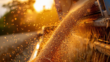 A combine harvester reaps wheat during harvest time, with golden grains pouring into a storage container at sunset.の素材