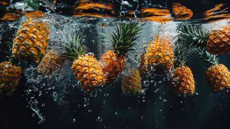 A group of pineapples hitting the water surface, causing energetic splashes against a dark backdrop.の素材