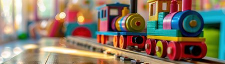 A bright and colorful wooden toy train on a table, with a blurred background of a vibrant playroom setting.の素材