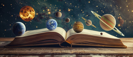 A conceptual image of an open book on a wooden surface with an illustrated planetary system emerging from the pages, symbolizing imagination and education.の素材