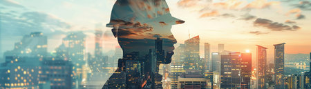 A conceptual image blending a worker's silhouette with an urban cityscape, depicting mental construction.の素材