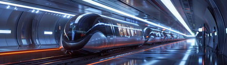 A futuristic urban transport pod gliding smoothly through a sleek, modern transit station, representing the future of city commuting.の素材