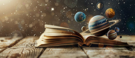 A conceptual image of an open book on a wooden surface with an illustrated planetary system emerging from the pages, symbolizing imagination and education.の素材