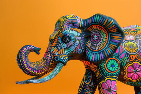 A creatively designed colorful elephant with intricate patterns stands out against an orange background.の素材