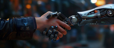 A conceptual image of a human hand and a robot hand in a handshake, depicting the intersection of humanity and technology.の素材