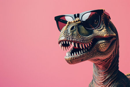 A comically rendered T-Rex dinosaur dons a pair of stylish sunglasses against a vibrant pink background, adding a fun twist to prehistoric imagery.の素材