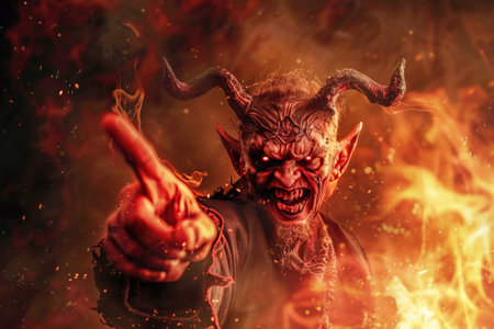 A devilish figure points directly at the viewer from within an inferno, embodying themes of temptation, danger, or thrill.の素材