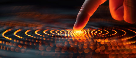 A finger traces a glowing orange spiral pattern on a dark background, depicting touch interaction with advanced technology.の素材