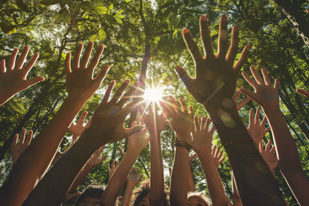 A Diverse group of hands reaching upwards towards the sunlight in a forest setting, conveying unity and togetherness.の素材