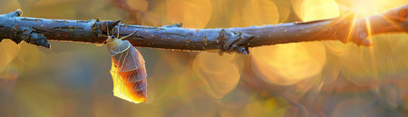 A delicate chrysalis hangs from a branch, catching the glint of the setting sun's light.の素材