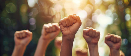 A group of raised fists are held up in solidarity during a protest, symbolizing unity, strength, and collective action.の素材