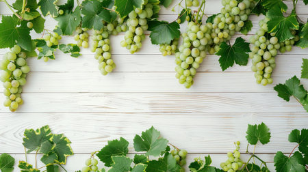 A Lush bunches of green grapes with leaves, spread on a white wooden background, perfect for a fresh and healthy concept.の素材