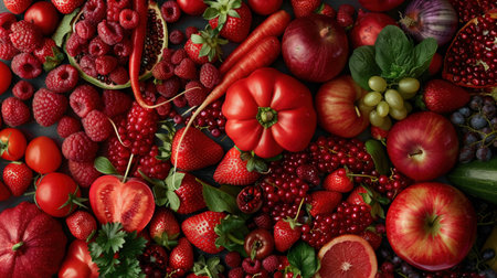 A lavish spread of red fruits and vegetables arranged artistically, depicting the variety in healthy foods.の素材