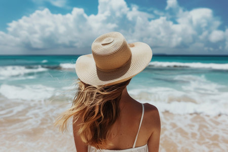 A stylish woman wearing a summer hat stands gracefully on a sandy beach, with soft ocean waves in the background.の素材