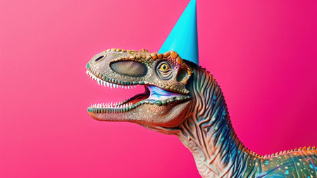 A playful depiction of a dinosaur wearing a party hat against a vibrant pink background.の素材