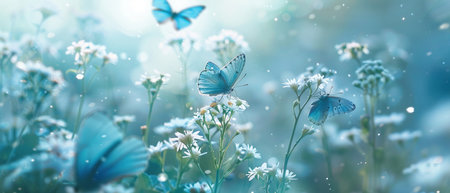 A gentle scene of blue butterflies flying above white flowers in a soft-focus meadow.の素材