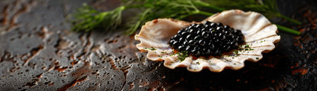 A Gourmet presentation of black caviar served in a scallop shell with dill on a dark, elegant background.の素材