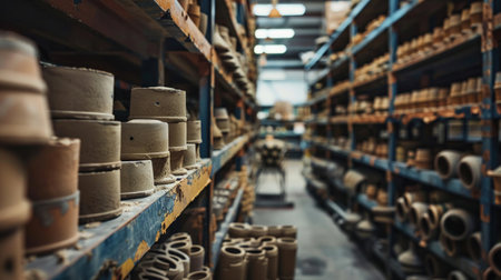 A Rows of unfinished ceramic insulators stored on shelves in an industrial manufacturing plant.の素材