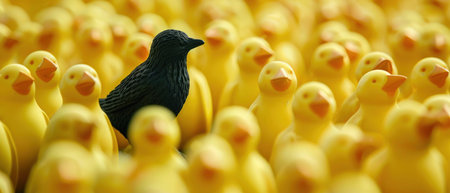 A lone blackbird stands out among many identical yellow figurines, symbolizing uniqueness.の素材