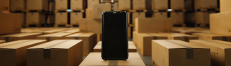 A Smartphone standing in front of multiple cardboard boxes in a warehouse, symbolizing e-commerce and delivery.の素材