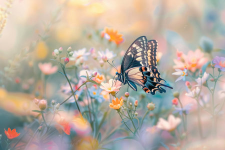 A majestic butterfly alights on blooming flowers in a field, creating a whimsical and dreamy atmosphere.の素材