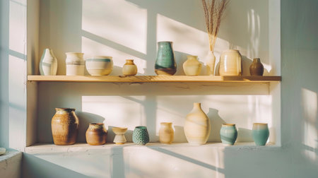 A minimalist shelf displaying a variety of colorful, textured pottery in a soft light.の素材