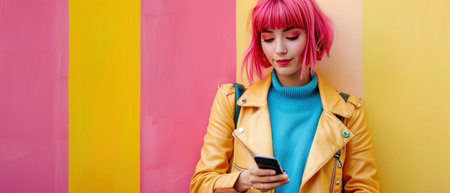 A Stylish young woman with pink hair using smartphone against a colorful urban background.の素材
