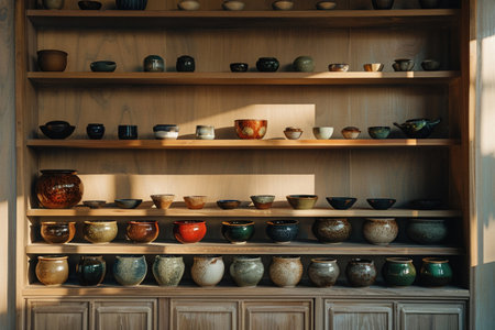 A minimalist shelf displaying a variety of colorful, textured pottery in a soft light.の素材