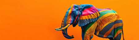 A vibrant, digitally created striped elephant displayed against a striking orange background.の素材