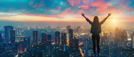 A woman raises her arms in triumph against a cityscape at dusk, embodying success and ambition.の素材