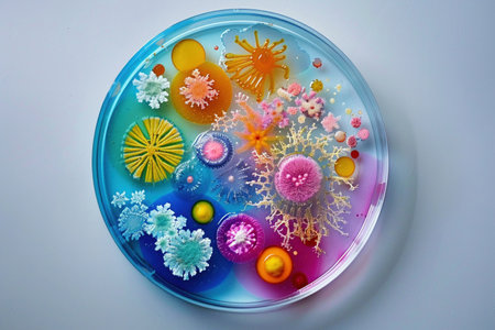 A Colorful representation of microbial organisms thriving within a petri dish, illustrating the complexity of microbiology.の素材