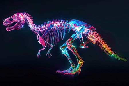 A colorful, radiant X-ray image of a Tyrannosaurus Rex skeleton, highlighting the majestic structure of this prehistoric creature.の素材