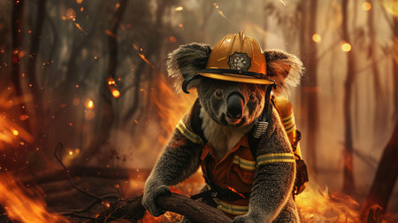 A creatively edited image showing a brave koala dressed as a firefighter in the midst of a forest fire.の素材