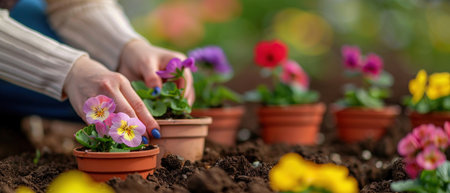 A gardener's hands nurturing and planting vibrant spring flowers in terracotta pots, gardening concept.の素材