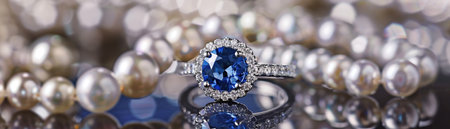 A captivating sapphire gemstone encircled by diamonds, resting amongst elegant pearls on a reflective surface.の素材
