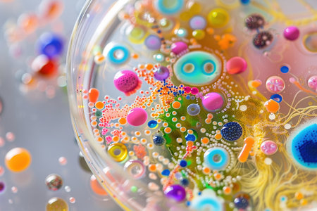 A Colorful representation of microbial organisms thriving within a petri dish, illustrating the complexity of microbiology.の素材