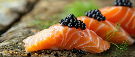 A Gourmet salmon sushi topped with luxurious caviar, presented on a rustic wooden surface with fresh herbs.の素材