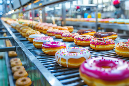 A delicious array of brightly colored donuts moving along a production line in a bakery setting.の素材