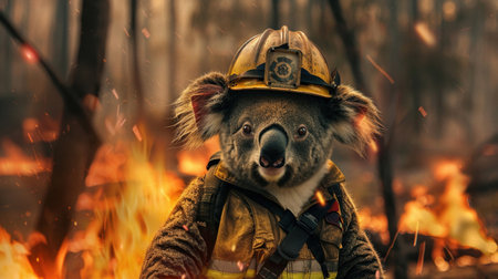 A creatively edited image showing a brave koala dressed as a firefighter in the midst of a forest fire.の素材