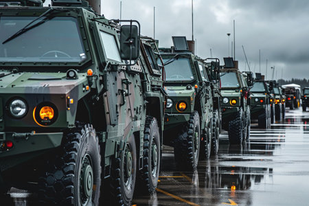 A lineup of military armored vehicles on display, showcasing a sense of strength and preparedness on a cloudy day.の素材