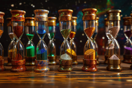 A line of hourglasses set against varied cosmos backgrounds, symbolizing diverse time concepts.の素材