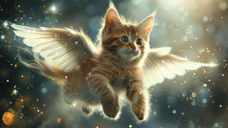 A whimsical image of a kitten with wings soaring in the air, evoking fantasy and imagination.の素材