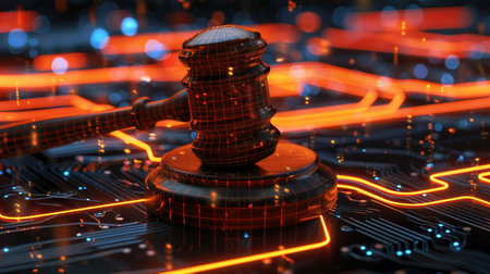 A wooden judge's gavel set against a backdrop of glowing digital circuits, symbolizing law and technology.の素材