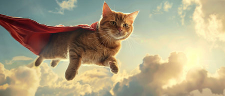 A whimsical image of a flying ginger cat wearing a red superhero cape against a cloudy sky.の素材