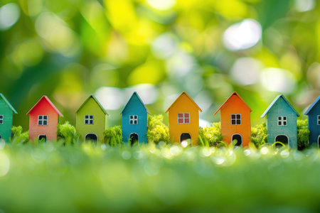 A Miniature colorful houses lined up against a bright and blurred green background, illustrating housing and community concepts.の素材