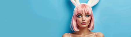 A mysterious woman in a pink wig and white bunny ears posing against a solid blue background.の素材