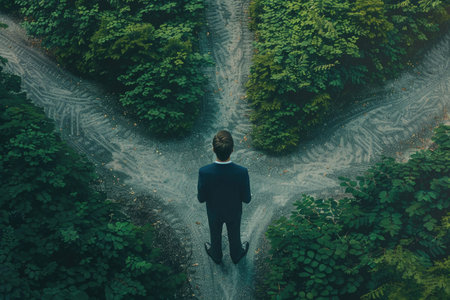 A businessman standing at a crossroads with three diverging paths, symbolizing a decision-making concept.の素材