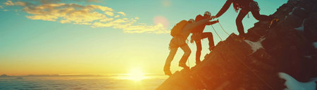 A dramatic scene of a team of climbers helping each other reach the summit at sunrise.の素材