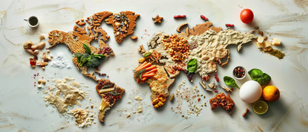 A creative culinary world map composed of assorted dishes from various international cuisines.の素材